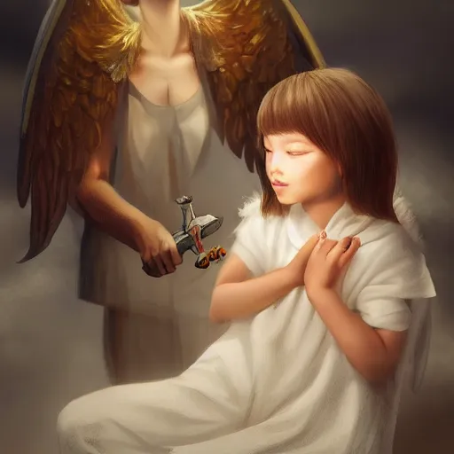 Image similar to Angel protecting child by Lin Chang, very detailed, deviantart, artstation