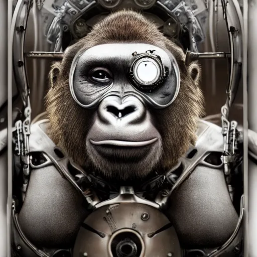 Prompt: a beautiful intricate fine art portrait photo of a a mechanical industrial steampunk cybernetic silverback gorilla, by tom bagshaw and zach sutton, perfection!, milk bath photography, studio lighting, backlight, 35mm lens, very detailed, bionic, cybernetic scifi, deep depth of field, artstation, 8K, highly coherent