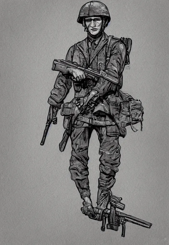 Image similar to 2 0 th century soldier holding a rifle in the style of a comic book. warm moody evening light dramatic light. comic book illustration