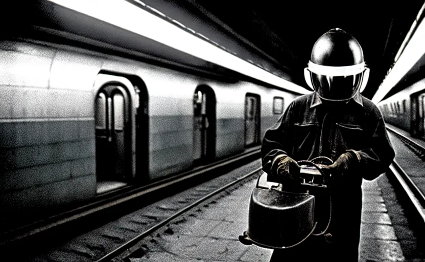 Image similar to welder wearing welding masks in the subway, by richard avedon, ominous lighting, tri - x pan stock