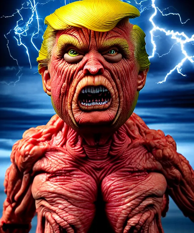 Image similar to hyperrealistic rendering, epic boss battle, cronenberg flesh monster donald trump, by art of skinner and richard corben, product photography, collectible action figure, sofubi, hottoys, storm clouds, outside, lightning