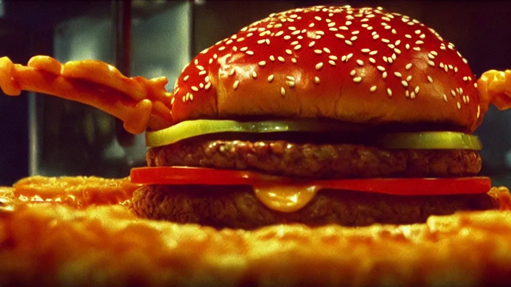 Image similar to the strange cheeseburger creature at the fast food place, film still from the movie directed by denis villeneuve and david cronenberg with art direction by salvador dali and zdzisław beksinski, wide lens