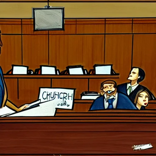 Image similar to [ prompt ridiculous courtroom scene drawn by marilyn church ]