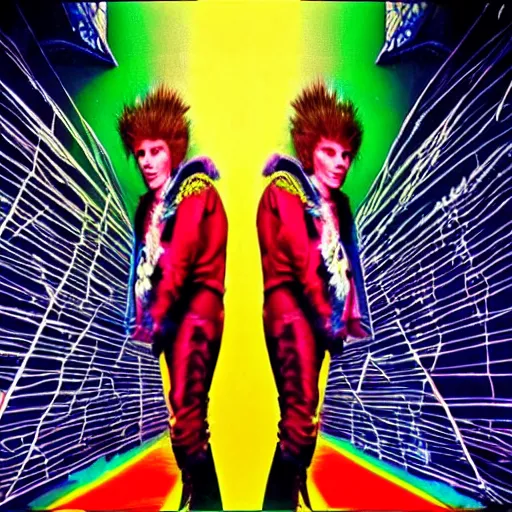 Image similar to ziggy stardust and the spiders from Mars anamorphic illusion 4k