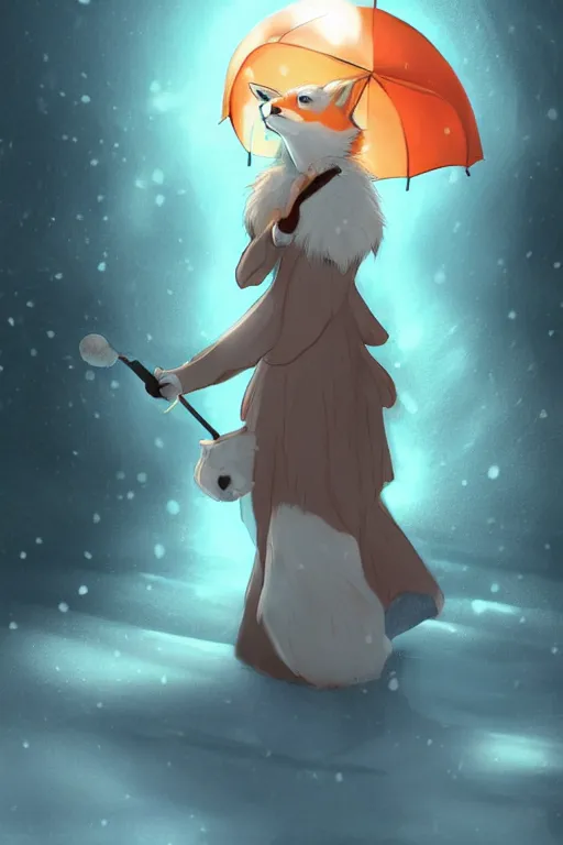 Image similar to a fox princess holding an umbrella, snow, backlighting, trending on artstation, digital art, furry art, studio ghibli