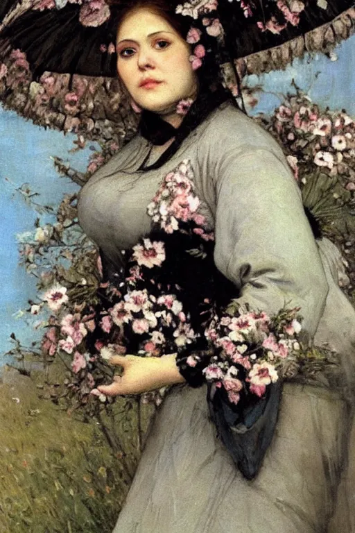 Prompt: close - up fashion fat woman portrait airy flowers cloudy sky art by vasnetsov