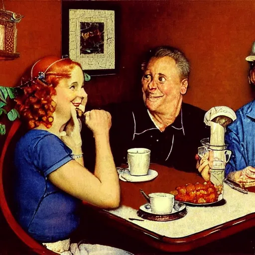 Prompt: happy polyamorous family of two men and two women around the breakfast table. flamingo wallpaper behind them by norman rockwell and larry flynt, high color, detailed,