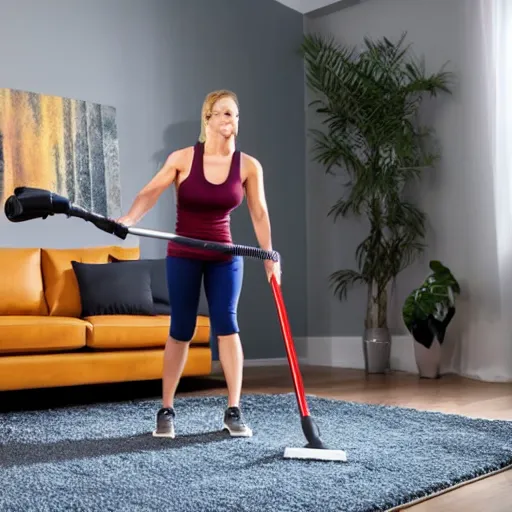 Prompt: strong buff woman vacuuming her living room, award winning photograph, HD, 4k