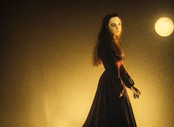 Image similar to portrait of Lady Dracula in victorian suit, atmospheric lighting, painted, intricate, London Dockyard, volumetric lighting, beautiful, light rain, moon light, sharp focus, ultra detailed, by Leesha Hannigan, Ross Tran, Thierry Doizon, Kai Carpenter, Ignacio Fernández Ríos, Yasumoto Oka,