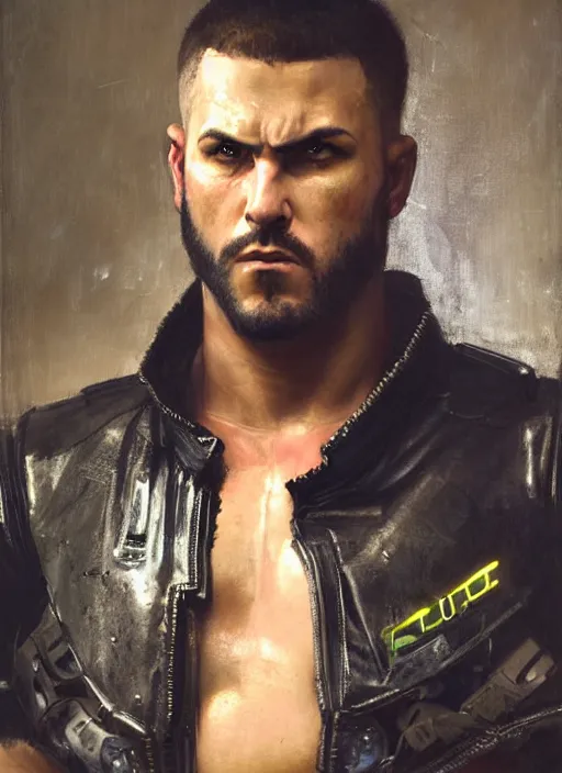 Image similar to big mike. cyberpunk professional wrestler wearing a military vest and combat gear. (Cyberpunk 2077, bladerunner 2049). Round face. Iranian orientalist portrait by john william waterhouse and Edwin Longsden Long and Theodore Ralli and Nasreddine Dinet, oil on canvas. Cinematic, hyper realism, realistic proportions, dramatic lighting, high detail 4k
