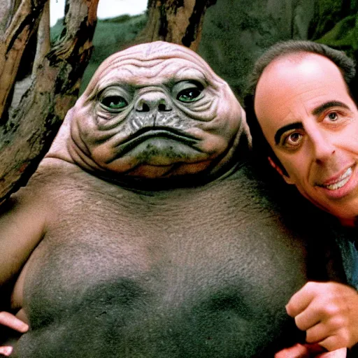 Prompt: jabba the hutt climbing a tree with jerry seinfeld