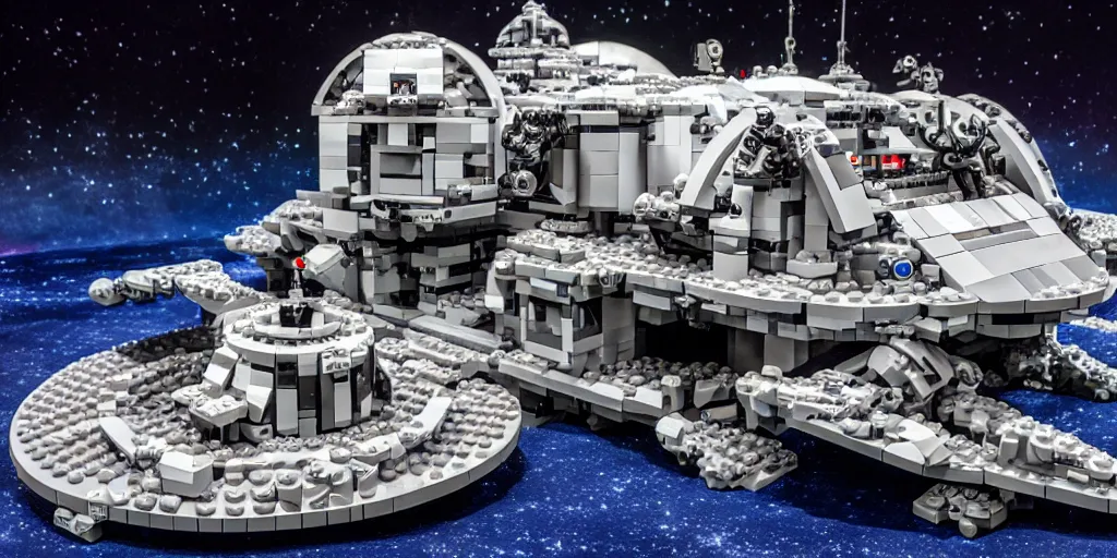 Image similar to wide shot lens photo of a very intricately detailed lego moonbase kit diorama designed by a master builder, with an epically shaped alien lego mothership ufo, lego rover, a moon buggy