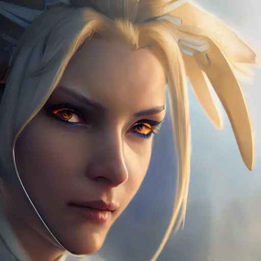 Prompt: mercy overwatch wearing cyberkinetic mask, 8 k resolution, highly detailed, intricate, very beautiful face, very detailed eyes, by greg rutkowski, wlop