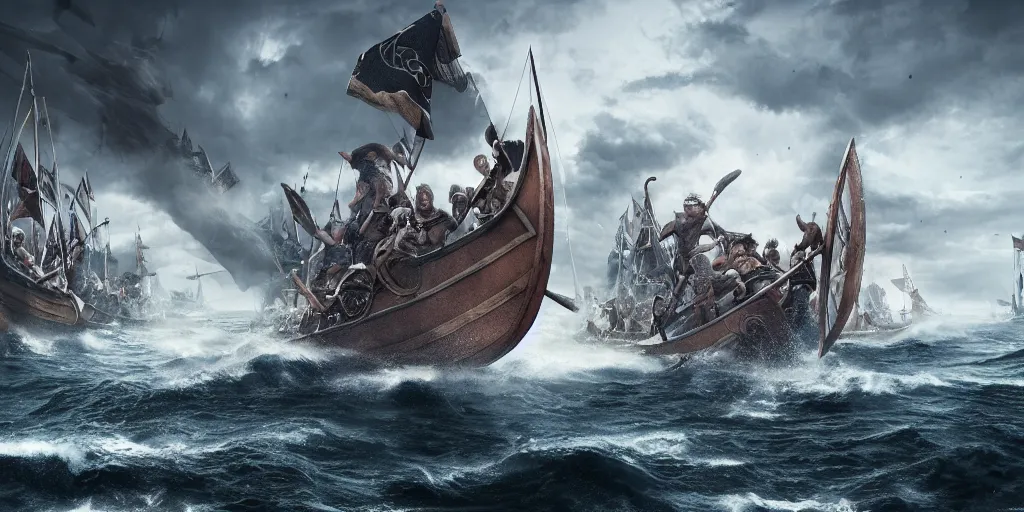 Image similar to An Epic viking sea battle, realistic 4k octane beautifully detailed render, 4k post-processing, highly detailed, intricate complexity, epic composition, magical atmosphere, cinematic lighting, masterpiece, ultra hd