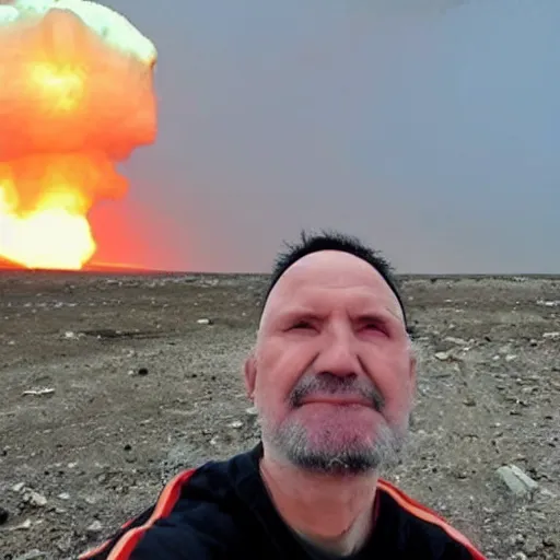 Image similar to last selfie of last alive ukrainian very damaged body to bones running from nuclear strike, a nuclear explosions in the background, dead bodies everywhere, 2 0 2 2