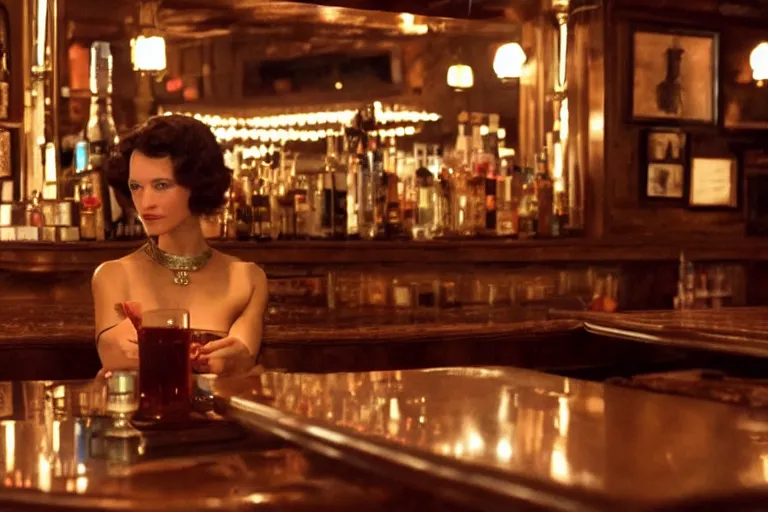 Prompt: cinematography of a beautiful cyborg woman in a vintage western bar alone asking for a drink by Roger Deakins