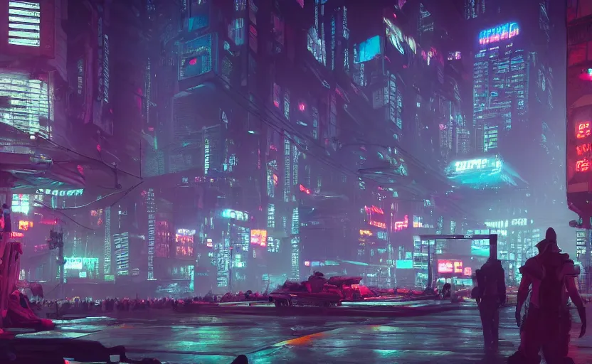 Image similar to matte painting environment design of dystopian cyberpunk city with neon lights, people on the streets being monitored by flying drones, trending on artstation, painted by dreadjim, eddie mendoza, james paick, ultra realistic, volumetric lighting, 4k, octane render