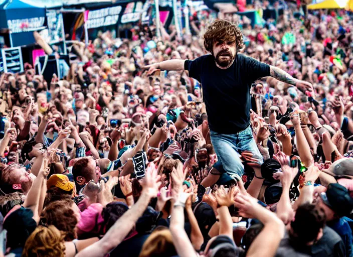 Prompt: photo still of peter dinklage at the vans warped tour!!!!!!!! at age 3 6 years old 3 6 years of age!!!!!!!! stage diving into the crowd, 8 k, 8 5 mm f 1. 8, studio lighting, rim light, right side key light