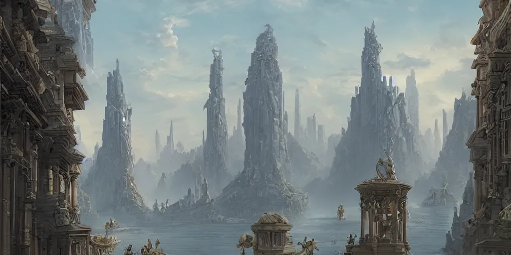 Prompt: neo - classical floating city, towering statues in the distance, illustration by yoann lossell, raphael lacoste