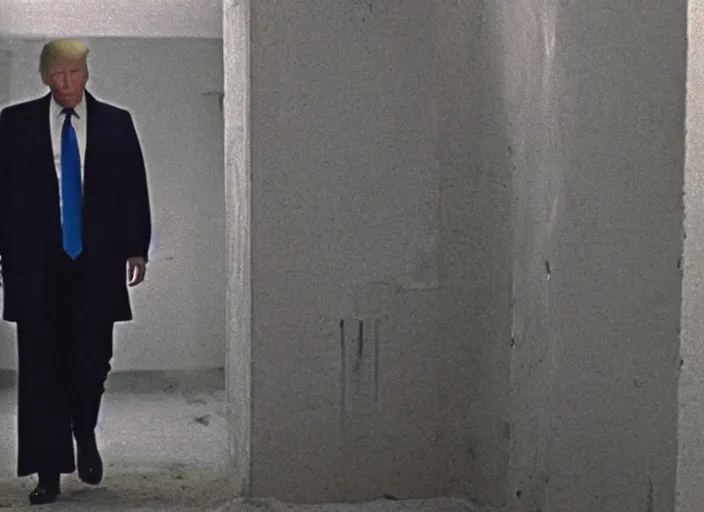 Image similar to screenshot from moody scene of Donald Trump entering the zone, scene from the film Stalker 1979 film directed by andrei tarkovsky, kodak film stock, anamorphic lens, 4K, film grain, detailed, stunning cinematography