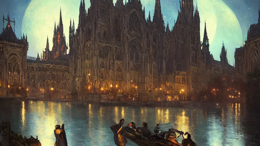 Image similar to a beautiful painting of the view from the river of a cathedral with beautiful, symmetric curving art nouveau architecture, at night with a sky full of stars, intricate, elegant, highly detailed, digital painting, artstation, concept art, by krenz cushart and artem demura and alphonse mucha