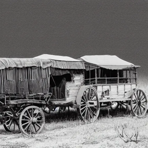 Image similar to a monochromatic sepia photograph of a delorean traveling with covered wagons and cattle on the oregon trail, trending on art station,