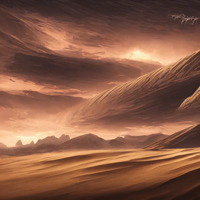 Image similar to ancient megastructure, sand dunes, sunset, clouds, dark colors!, mountains, beautiful lighting, vivid colors, intricate, elegant, smooth, sharp focus, highly detailed digital painting, concept art, cinematic, unreal engine, 4 k wallpaper, svetlin velinov, tarmo juhola, cgsociety, artstation trending, deviantart featured