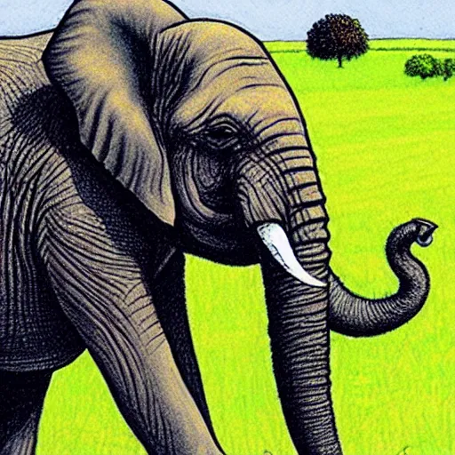 Prompt: an elephant on a green meadow drawn by Sam Bosma