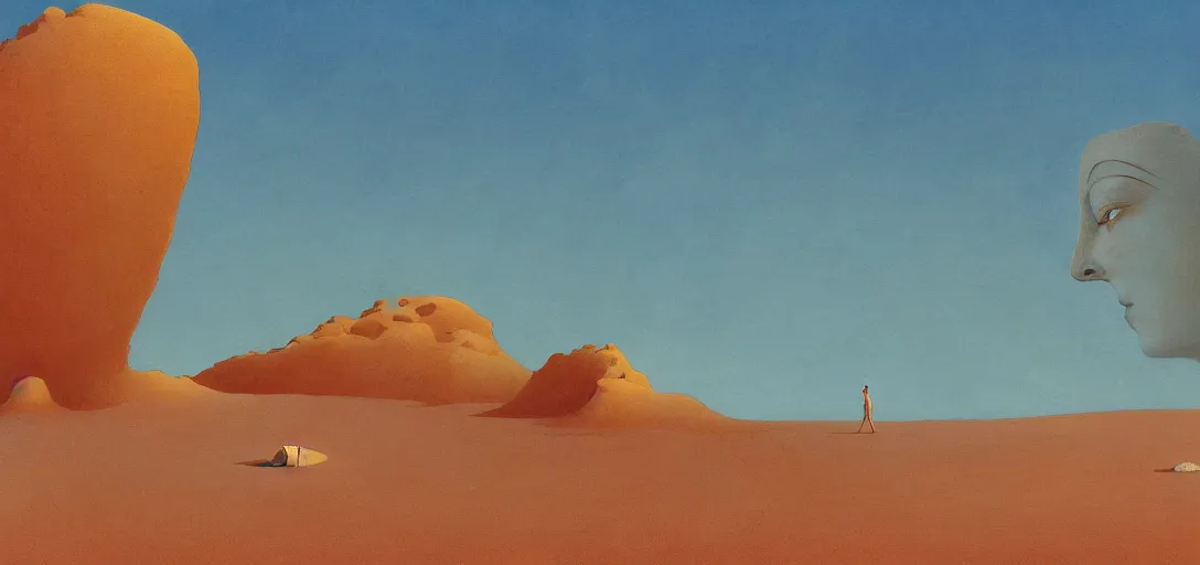 Prompt: a golden salt flat surrounded by dunes with a ruined statue of a woman emerging from the blue sand, illustrated, epic composistion, moebius, edward hopper and james gilleard, zdzislaw beksinski, steven outram, volumetric lighting, surreal flat colors, concept art