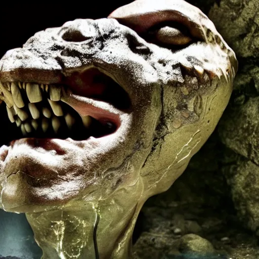 Image similar to photo inside a cavern of a wet reptilian humanoid rapper partially hidden behind a rock, with black eyes, open mouth and big teeth