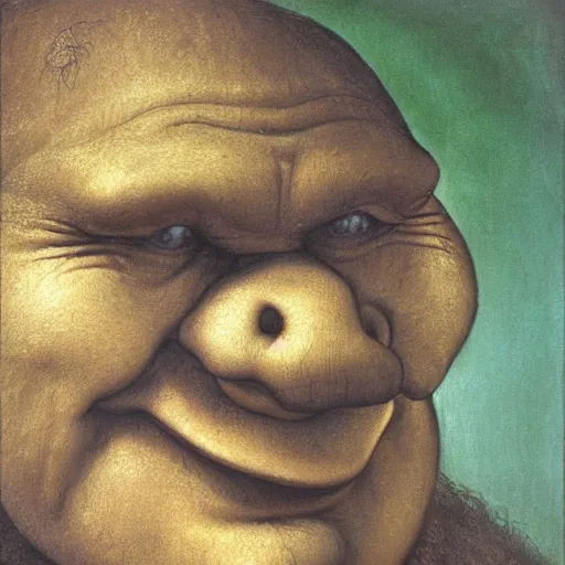 Image similar to An airbrush caricature of Shrek, painting by Leonardo Da Vinci , oil painting