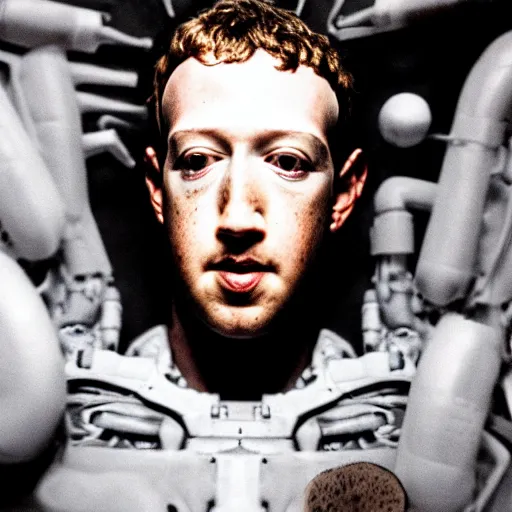 Prompt: a leaking white fluid Mark Zuckerberg cyborg head on the floor. Nostromo Alien movie.