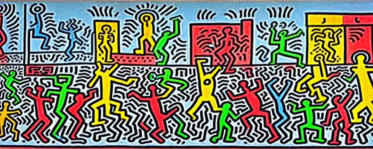 Image similar to a painting of street life in kirkwall orkney, by Keith Haring