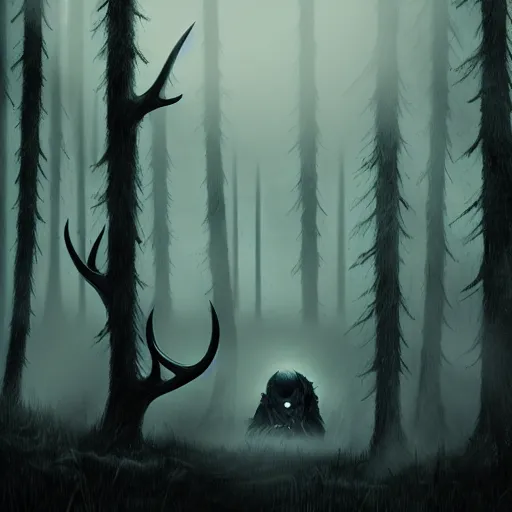 Image similar to in the style of artgerm, peter mohrbacker, rafael albuquerque, wendigo in the forest emerging from the shadows, deer skull face, antlers, fog, full moon, moody lighting, horror scary terror