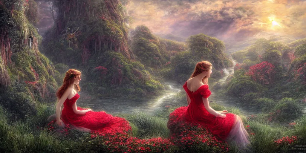 Image similar to an elegant fairy in a red lace dress sitting and looking out at a lord of the rings scenery landscape, vast lush valley flowers and giant mushroom structures, stream, sunrise, god's rays highly detailed, vivid colour, soft clouds, floral sunset, cinematic lighting, perfect composition, 8 k, gustave dore, derek zabrocki, greg rutkowski, belsinski,