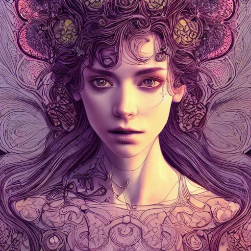 Image similar to a portrait of an incredibly beautiful woman made of potatoes roots and violets, an ultrafine detailed illustration by james jean, final fantasy, intricate linework, bright colors, behance contest winner, vanitas, angular, altermodern, unreal engine 5 highly rendered, global illumination, radiant light, detailed and intricate environment