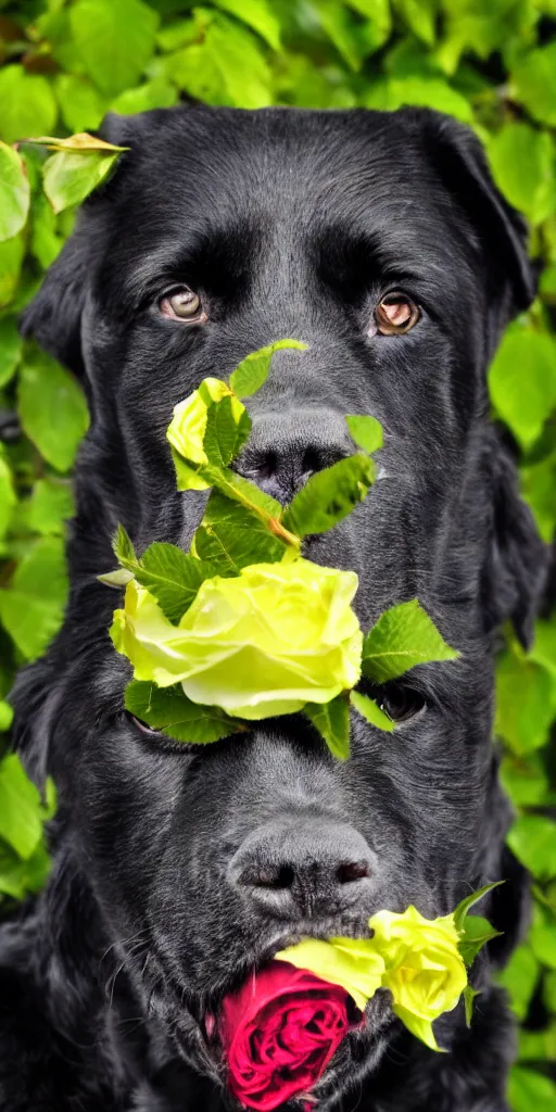 Image similar to black dog holding rose in his mouth, bright green eyes, studio lighting, 4 k, realistic, chromatic abberation, global illumination