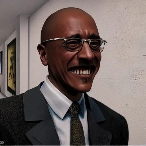 Prompt: gustavo fring from breaking bad smiling like a psycho, luxury, 4 k, high detail, unreal engine, cyberpunk, blur, artstation by craig mullins