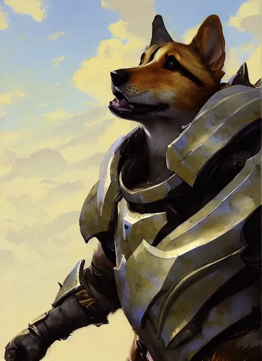 Image similar to Greg Manchess painting of a Corgi Charr from Guild Wars 2 wearing Forerunner Armor from Halo, countryside, calm, fantasy character portrait, dynamic pose, above view, sunny day, artwork by Jeremy Lipkin and Giuseppe Dangelico Pino and Michael Garmash and Rob Rey, very coherent asymmetrical artwork, sharp edges, perfect face, simple form, 100mm