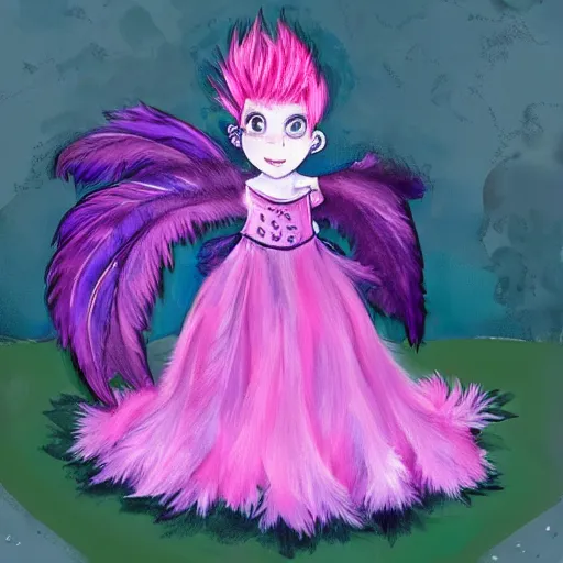 Image similar to little girl with eccentric pink hair wearing a dress made of purple feather, art by dcwj