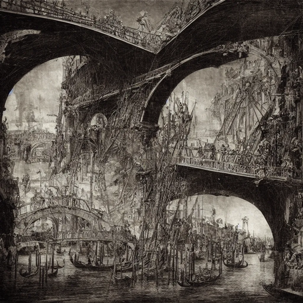 Prompt: oniric dream of the bridges of venice by piranesi, composition, cinematic, rule, grid