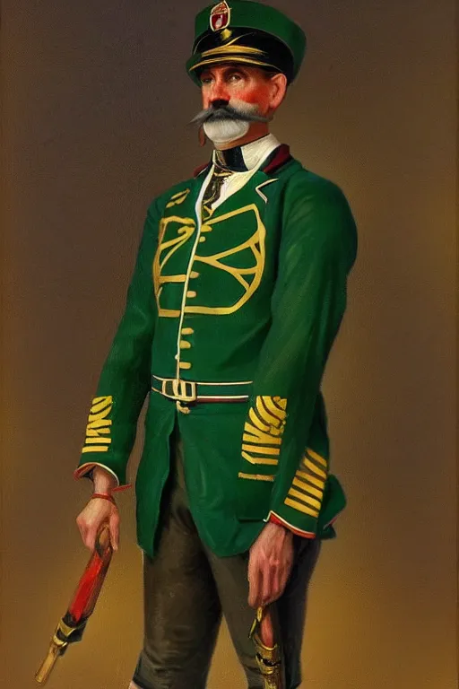Image similar to full body portrait of the dictator of the boston celtics, 1 8 8 9, in full military garb, oil on canvas by william sidney mount, trending on artstation