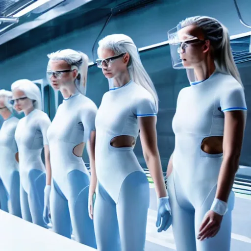 Image similar to line of six identical athletic female clones in formation, white hair, tight light blue neopren suits, elevated conveyor belt, futuristic chemistry lab, sci - fi, highly detailed, cinematic