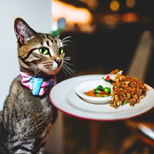 Image similar to A photo of a cat wearing a bowtie sitting in a fancy and expensive gourmet restaurant and eating a plate of cat food. f/2.8, dim lighting, award winning photo