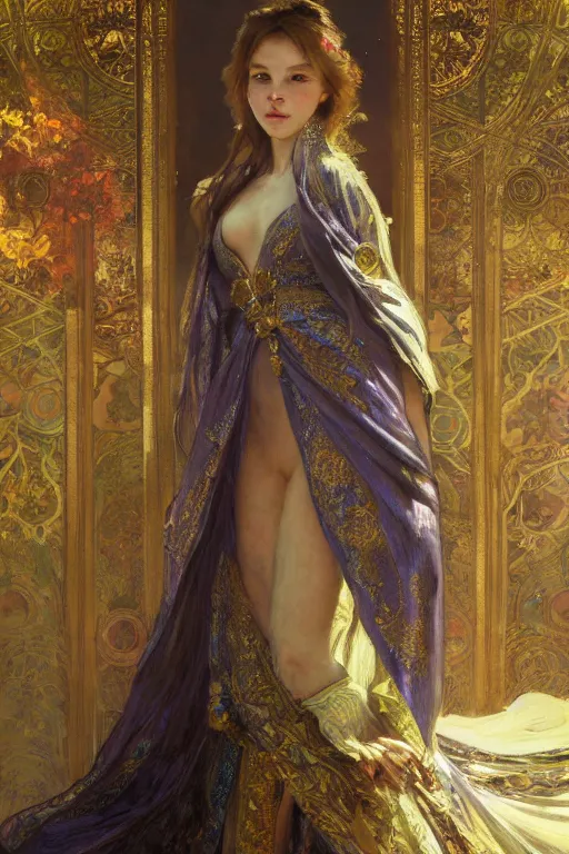 Prompt: hyperrealist portrait of a girl emperorit is decorated with long robes that fall like stars, an ostentatious palace and garden are seen in the background. by jeremy mann and alphonse mucha, fantasy art, photo realistic, dynamic lighting, artstation, poster, volumetric lighting, very detailed faces, 4 k, award winning