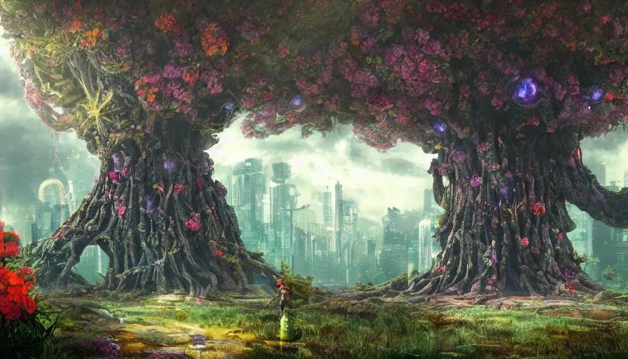 Image similar to ben lo illustration of the largest tree in the world under force field, bioshock concept art, solarpunk, hopeful, colorful, flowers, deity, unreal engine, hyper realism, realistic shading, cinematic composition, realistic render, octane render, detailed textures, photorealistic, wide shot