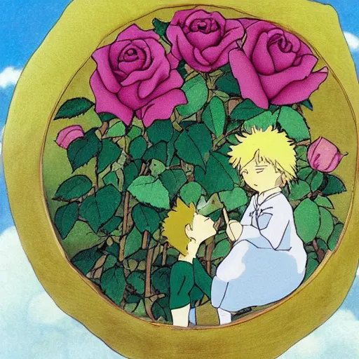 Prompt: the little prince kisses the rose, painted by studio ghibli