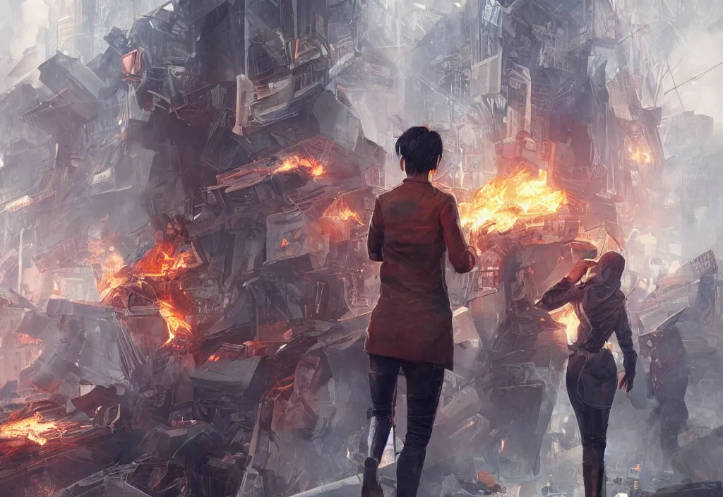 Image similar to angry protester holding placard, detailed digital illustration by greg rutkowski, fire, android netrunner