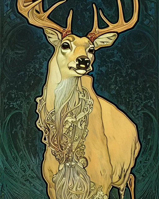 Image similar to an art nouveau painting of a deer with antlers, highly detailed, intricate, artstation, by alphonse mucha and james gurney