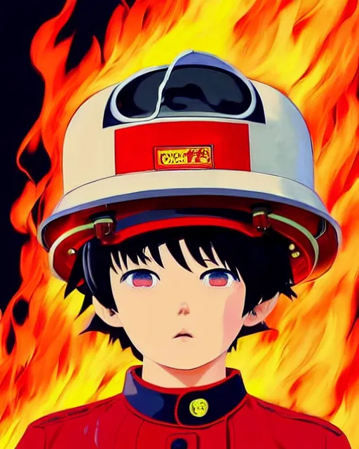 Image similar to fireman, fire helmet, flames background | | very very anime!!!, fine - face, audrey plaza, realistic shaded perfect face, fine details. anime. realistic shaded lighting poster by ilya kuvshinov katsuhiro otomo ghost - in - the - shell, magali villeneuve, artgerm, jeremy lipkin and michael garmash and rob rey